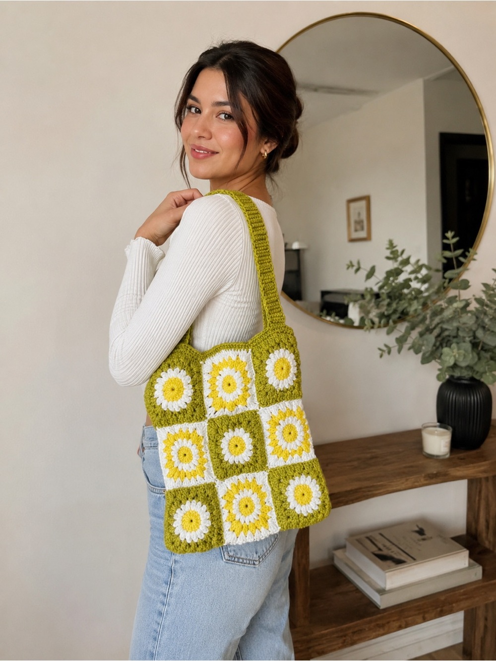 Handmade Olive Green and Yellow Crochet Tote Bag